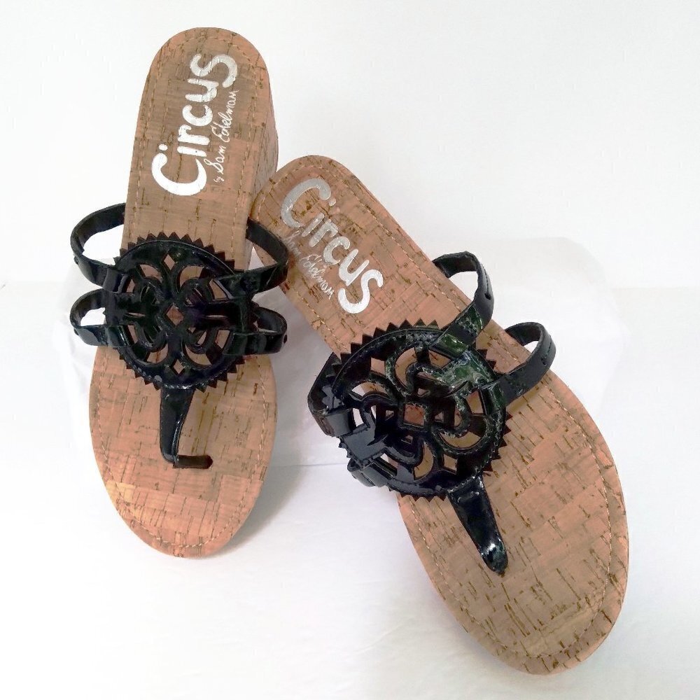 Circus by Sam Edelman 'Rocky' Black  Nappa Patent Leather Cork Wedge Slides Sz 8